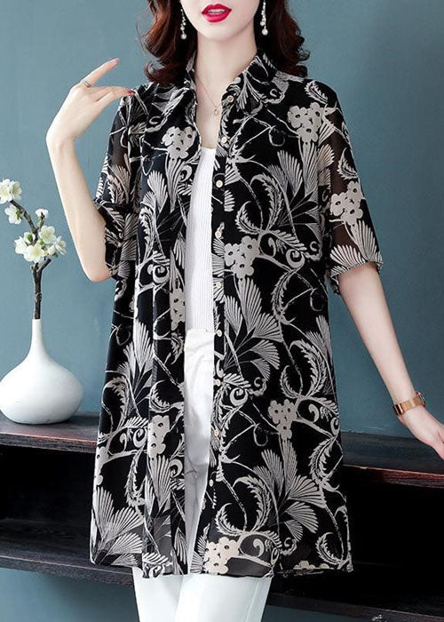 Vintage Black Turn-down Collar Print Draping Chiffon Long Shirt For Women Half Sleeve
