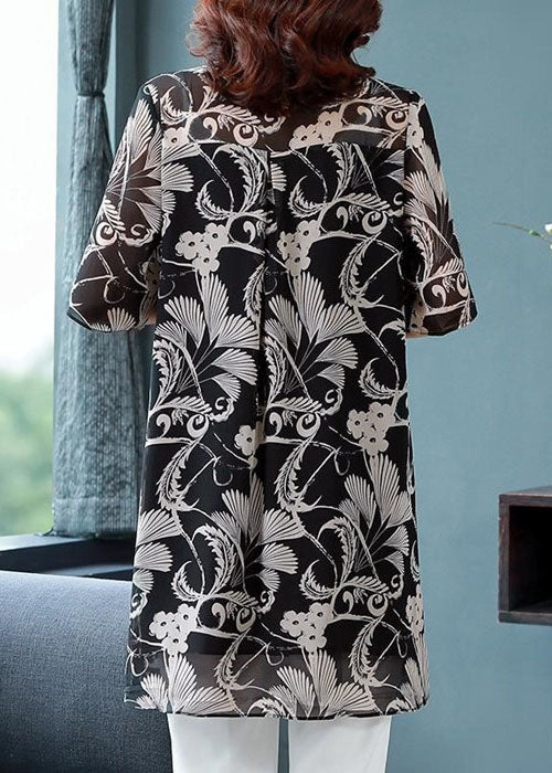 Vintage Black Turn-down Collar Print Draping Chiffon Long Shirt For Women Half Sleeve