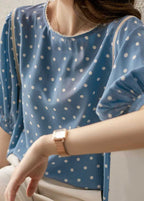 Vintage Blue O-Neck Dot Print Silk Blouse Tops Summer