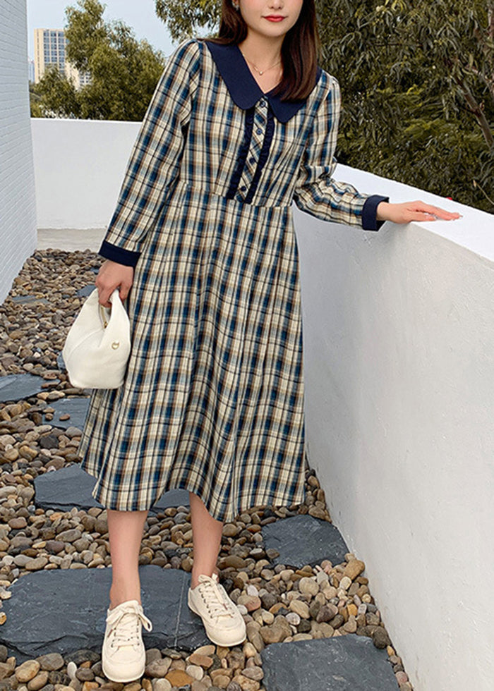 Vintage Blue Plaid Slim Fit Cotton Vacation Dresses Fall