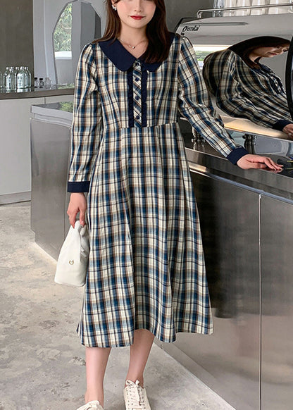 Vintage Blue Plaid Slim Fit Cotton Vacation Dresses Fall