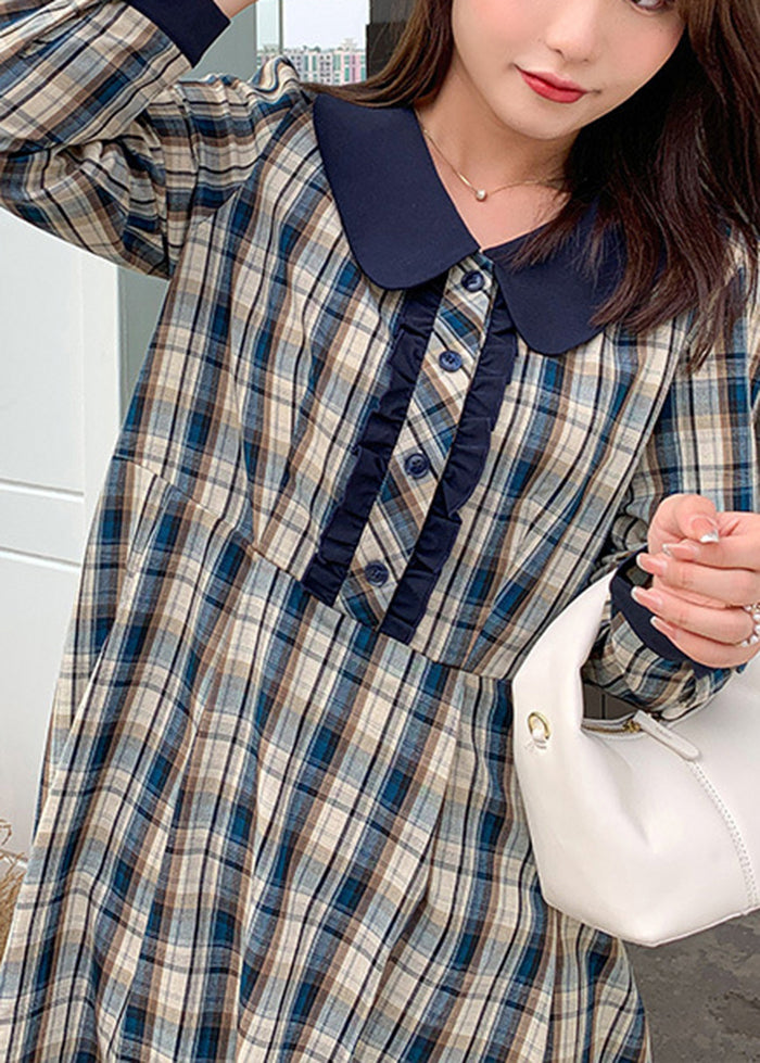 Vintage Blue Plaid Slim Fit Cotton Vacation Dresses Fall