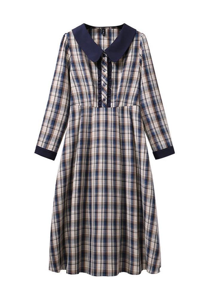 Vintage Blue Plaid Slim Fit Cotton Vacation Dresses Fall