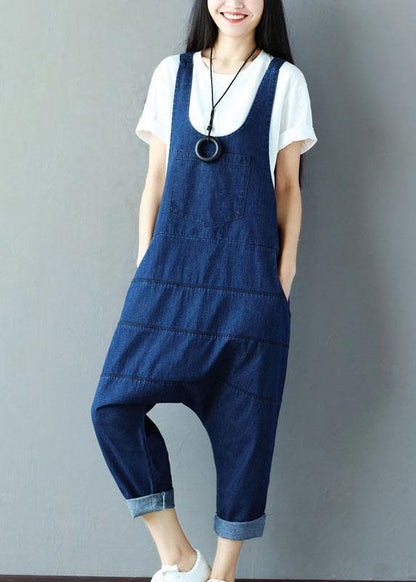 Vintage Blue Pockets wrinkled Harem Fall Cotton Romper