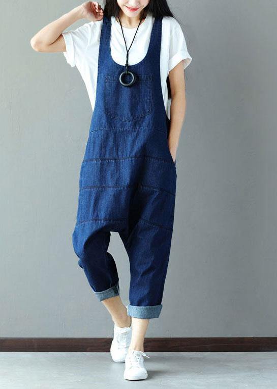 Vintage Blue Pockets wrinkled Harem Fall Cotton Romper