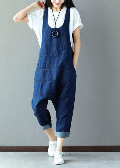 Vintage Blue Pockets wrinkled Harem Fall Cotton Romper