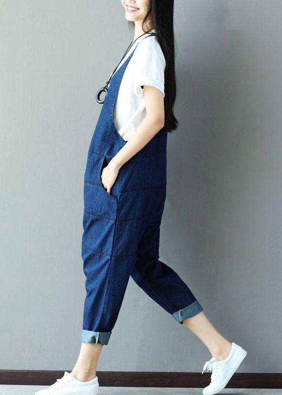 Vintage Blue Pockets wrinkled Harem Fall Cotton Romper