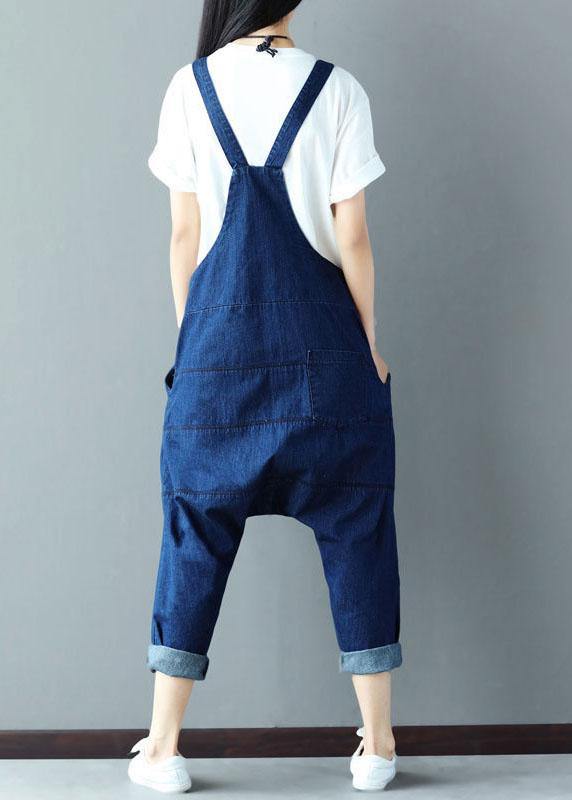 Vintage Blue Pockets wrinkled Harem Fall Cotton Romper