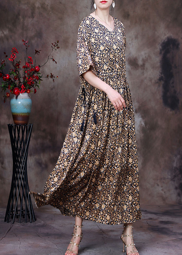 Vintage Blue Print V Neck Drawstring Silk Long Dresses For Women Half Sleeve