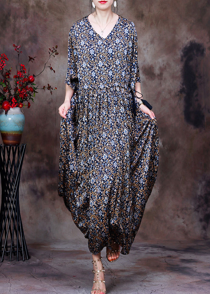 Vintage Blue Print V Neck Drawstring Silk Long Dresses For Women Half Sleeve
