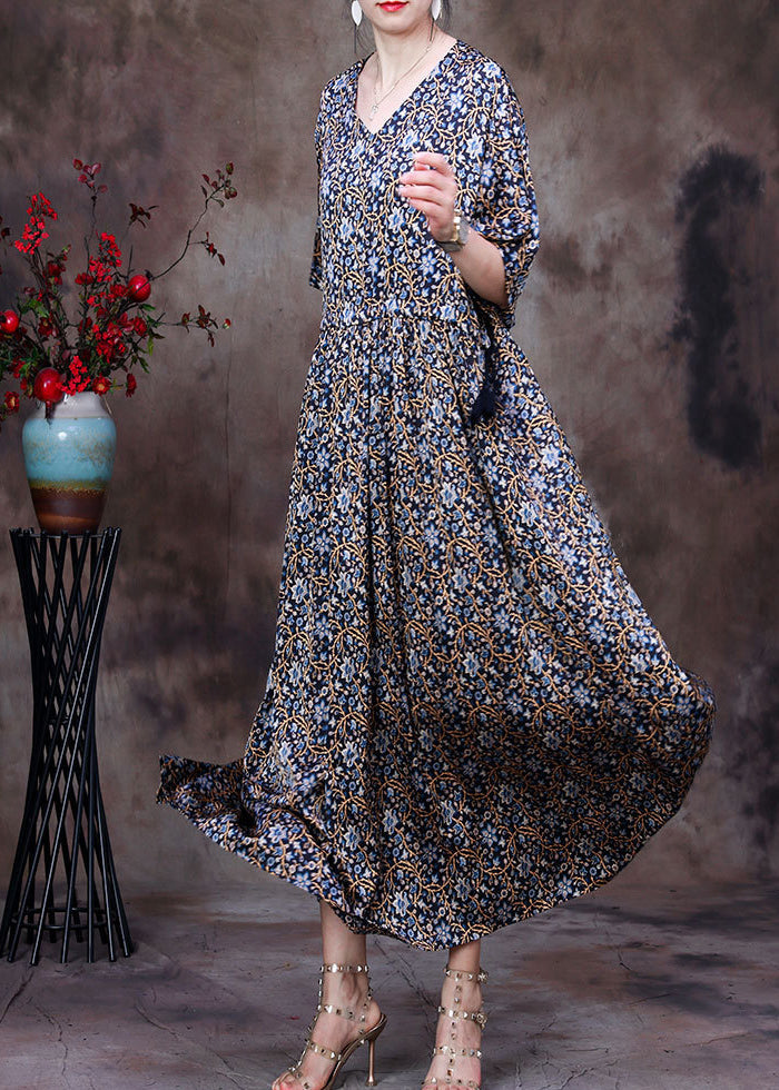Vintage Blue Print V Neck Drawstring Silk Long Dresses For Women Half Sleeve