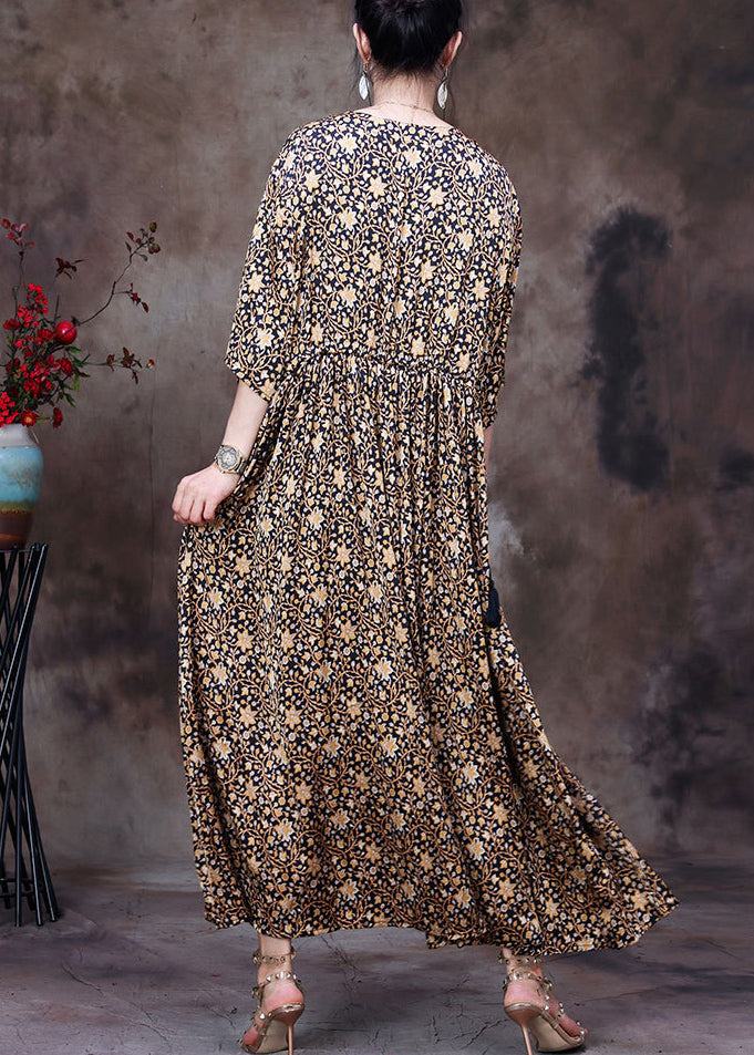 Vintage Blue Print V Neck Drawstring Silk Long Dresses For Women Half Sleeve