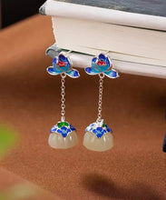 Load image into Gallery viewer, Vintage Blue Silver Jade Drop Cloisonne Lotus Earrings