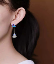 Load image into Gallery viewer, Vintage Blue Silver Jade Drop Cloisonne Lotus Earrings