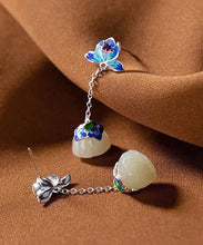 Load image into Gallery viewer, Vintage Blue Silver Jade Drop Cloisonne Lotus Earrings