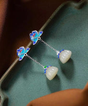 Load image into Gallery viewer, Vintage Blue Silver Jade Drop Cloisonne Lotus Earrings