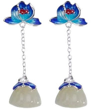 Load image into Gallery viewer, Vintage Blue Silver Jade Drop Cloisonne Lotus Earrings