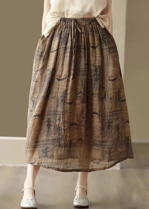 Vintage Coffee Print Cinched Patchwork Linen Skirts Summer