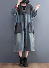 Load image into Gallery viewer, Vintage Denim Blue V Neck Patchwork Trench Coat Spring