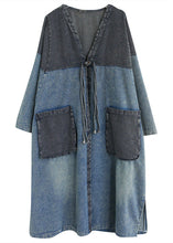 Load image into Gallery viewer, Vintage Denim Blue V Neck Patchwork Trench Coat Spring