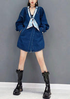 Vintage Denim Blue V Neck Pockets Button Fall Shirts Long Sleeve