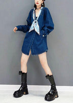 Vintage Denim Blue V Neck Pockets Button Fall Shirts Long Sleeve