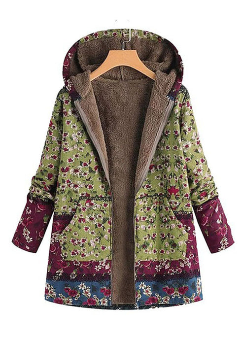 Vintage Green Hooded Print Pockets Patchwork Warm Fleece Trench Fall
