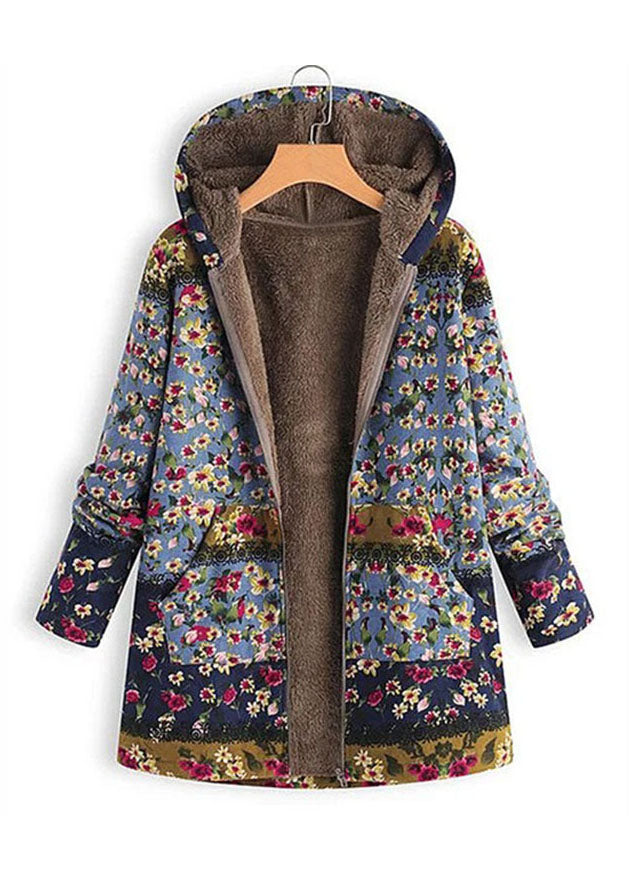 Vintage Green Hooded Print Pockets Patchwork Warm Fleece Trench Fall