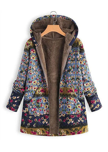 Vintage Green Hooded Print Pockets Patchwork Warm Fleece Trench Fall