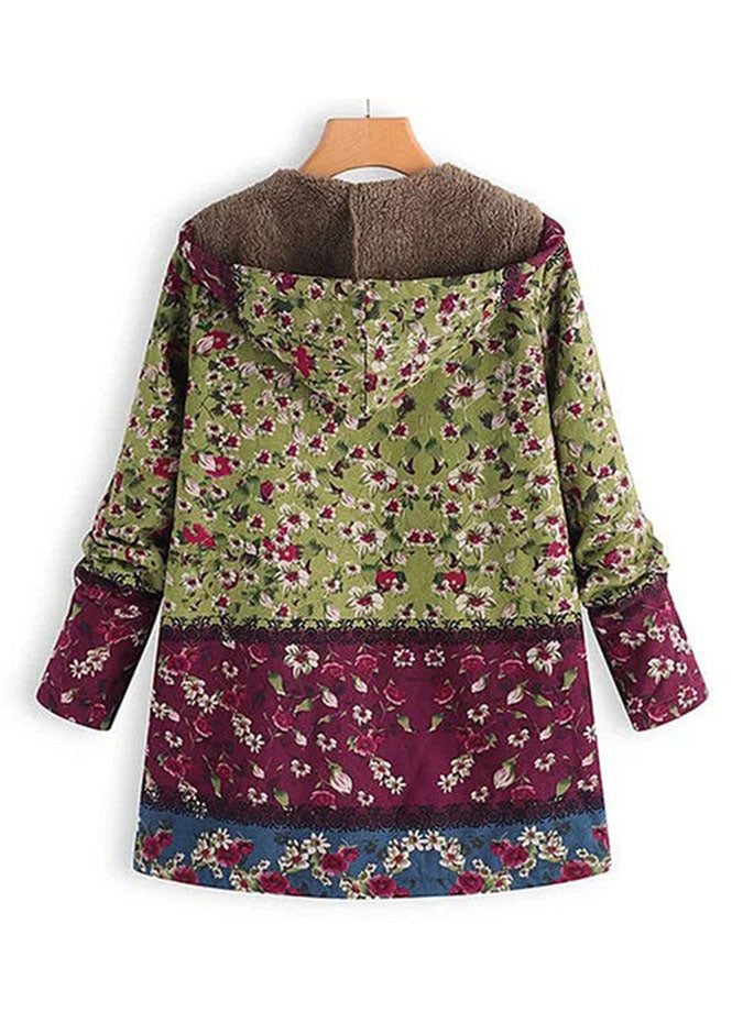 Vintage Green Hooded Print Pockets Patchwork Warm Fleece Trench Fall