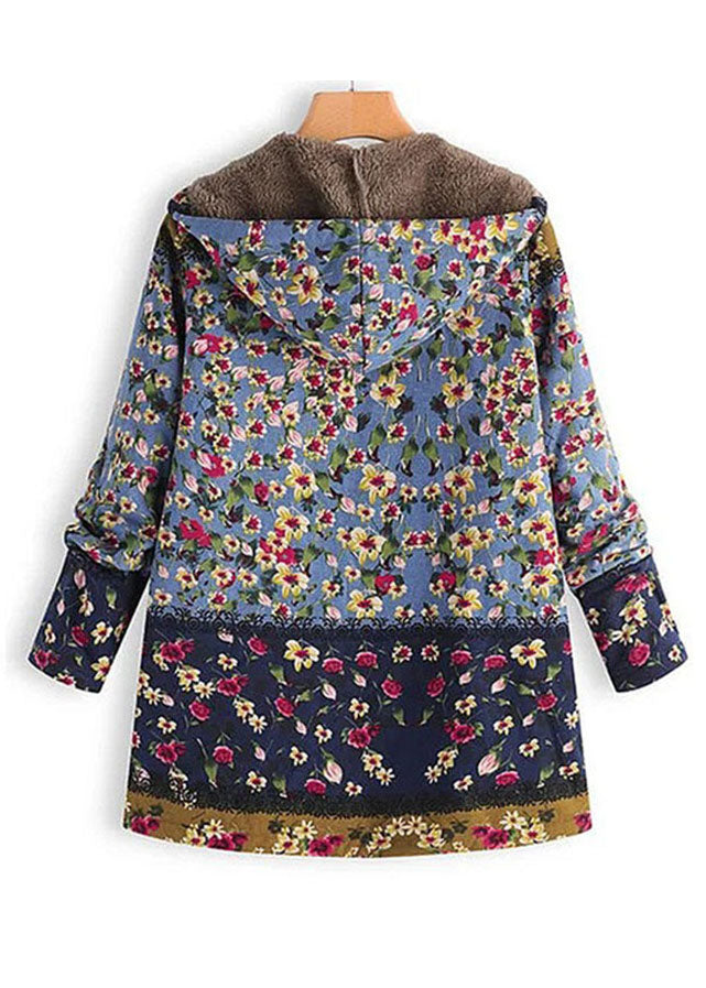 Vintage Green Hooded Print Pockets Patchwork Warm Fleece Trench Fall