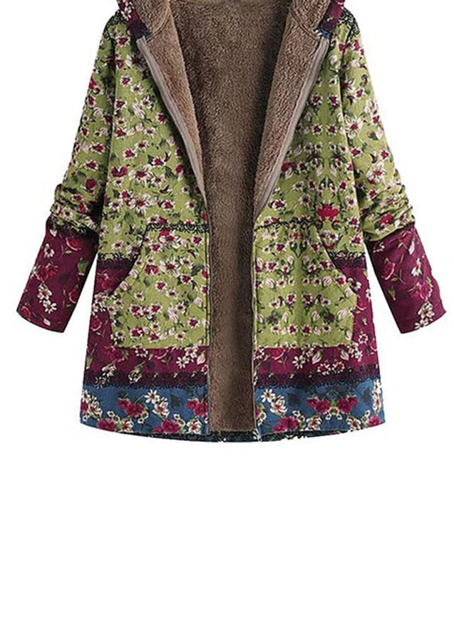 Vintage Green Hooded Print Pockets Patchwork Warm Fleece Trench Fall
