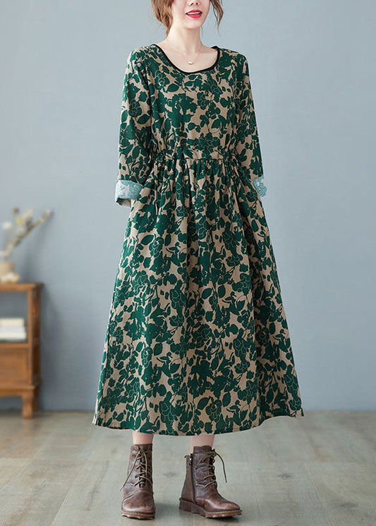 Vintage Green O-Neck Print Linen Dress Spring