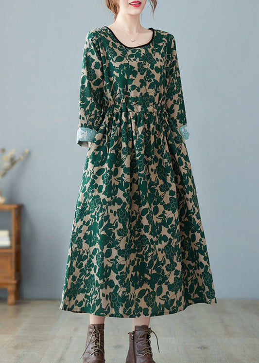 Vintage Green O-Neck Print Linen Dress Spring