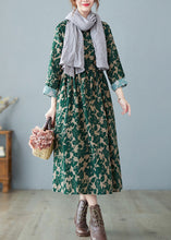 Load image into Gallery viewer, Vintage Green O-Neck Print Linen Dress Spring