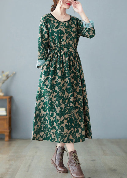 Vintage Green O-Neck Print Linen Dress Spring