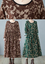 Load image into Gallery viewer, Vintage Green O-Neck Print Linen Dress Spring