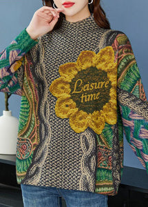 Vintage Green Oversized Print Thick Wool Knit Top Winter