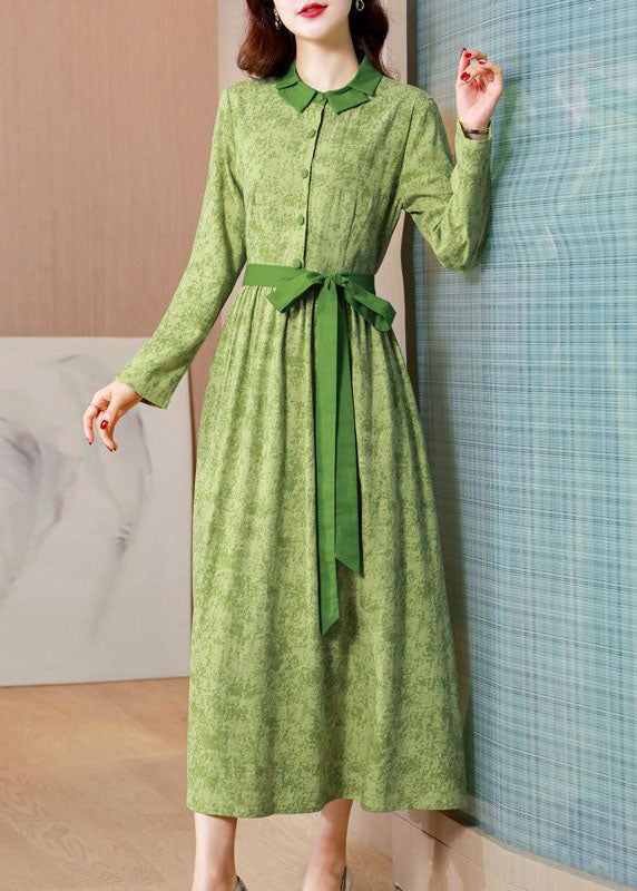 Vintage Green Print Tie Waist Linen Holiday Dress Spring