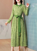 Vintage Green Print Tie Waist Linen Holiday Dress Spring