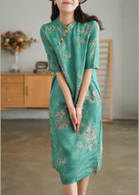 Load image into Gallery viewer, Vintage Green Stand Collar Print Cotton Cheongsam Dress Short Sleeve