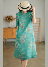 Load image into Gallery viewer, Vintage Green Stand Collar Print Cotton Cheongsam Dress Short Sleeve