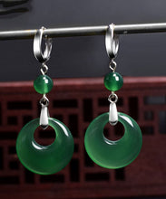Load image into Gallery viewer, Vintage Green Sterling Silver Inlaid Chalcedony Drop Earrings