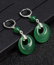 Load image into Gallery viewer, Vintage Green Sterling Silver Inlaid Chalcedony Drop Earrings