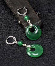 Load image into Gallery viewer, Vintage Green Sterling Silver Inlaid Chalcedony Drop Earrings