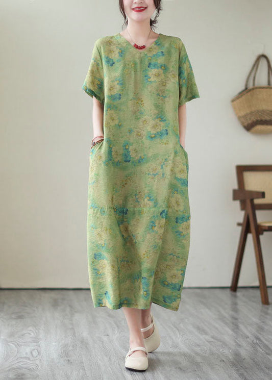 Vintage Green V Neck Print Patchwork Long Cotton Dress Summer