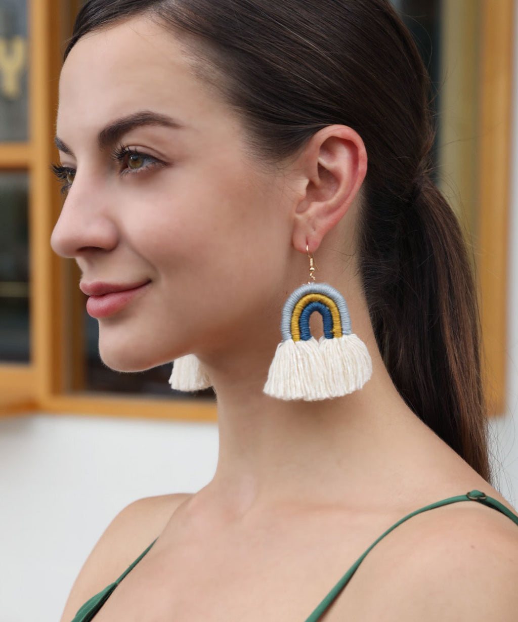 Vintage Grey Cotton Thread Hand Knitting Tassel Drop Earrings