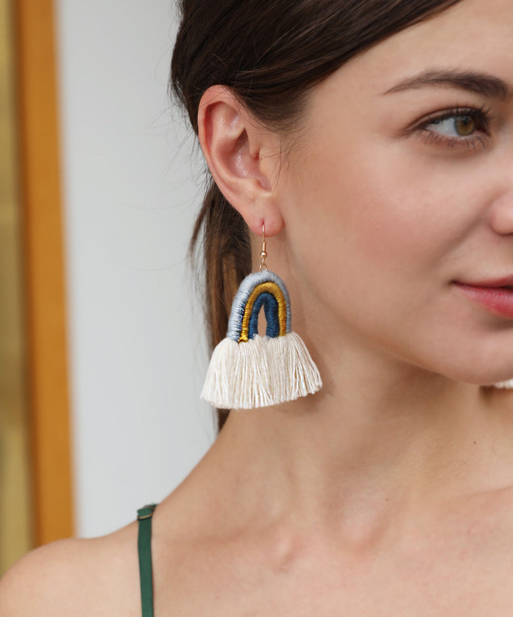 Vintage Grey Cotton Thread Hand Knitting Tassel Drop Earrings