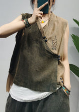 Load image into Gallery viewer, Vintage Khaki Chinese Button Patchwork Linen Vest Top Sleeveless
