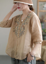 Load image into Gallery viewer, Vintage Khaki Embroideried Lace Patchwork Linen Shirt Top Half Sleeve